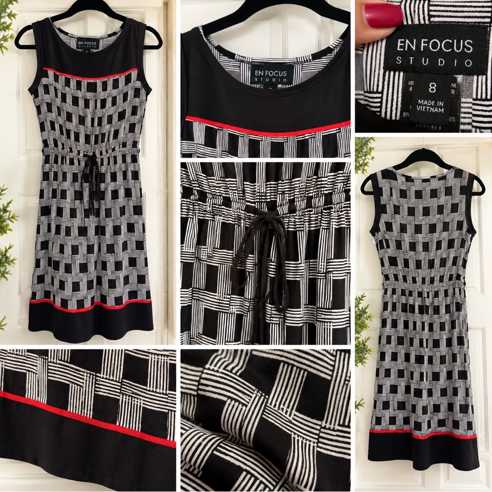 Enfocus Studio Black & White Geometric Midi Dress with Red Trim